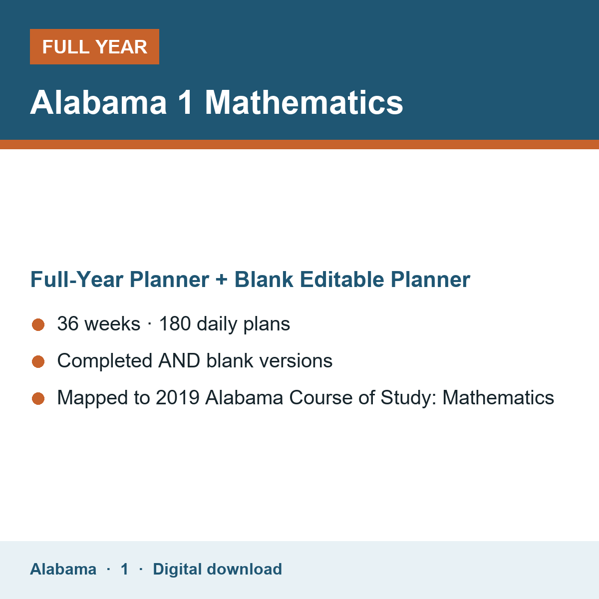 Cover of the Alabama Grade 1 Mathematics full-year teacher planner