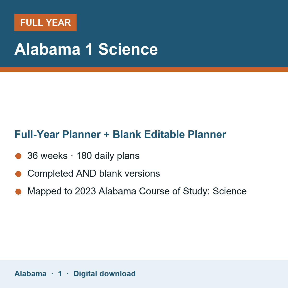 Cover of the Alabama Grade 1 Science full-year teacher planner