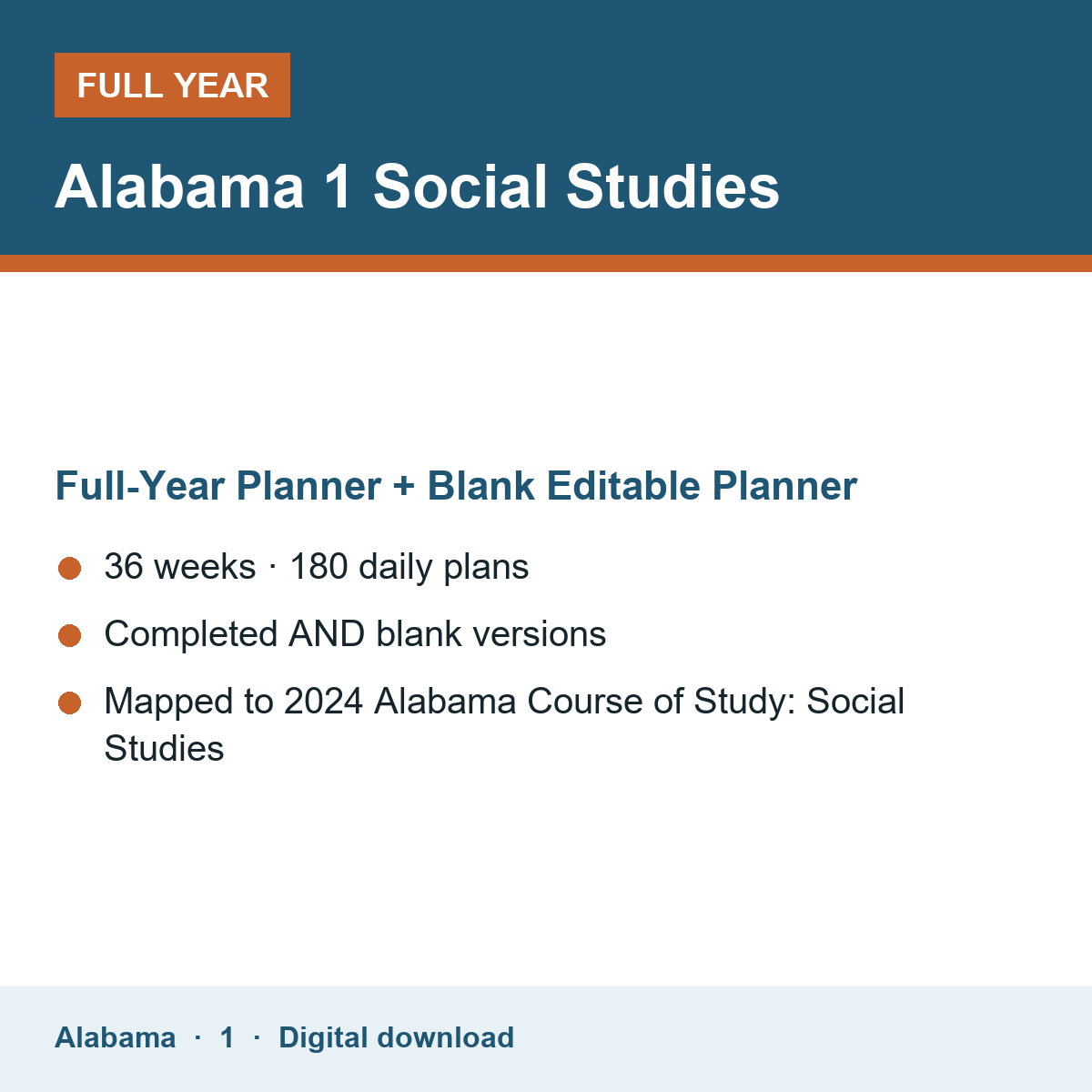 Cover of the Alabama Grade 1 Social Studies full-year teacher planner