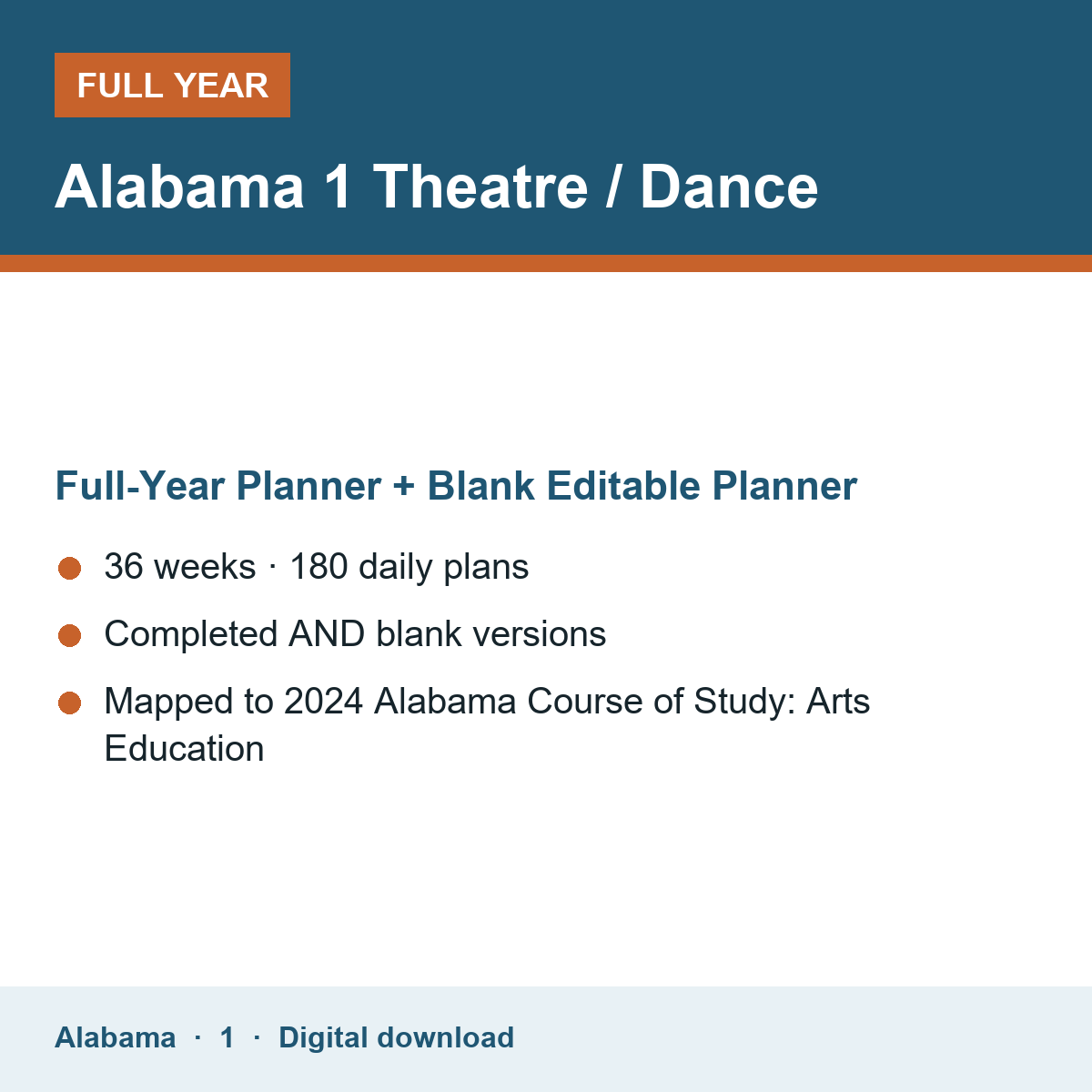 Cover of the Alabama Grade 1 Theatre / Dance full-year teacher planner