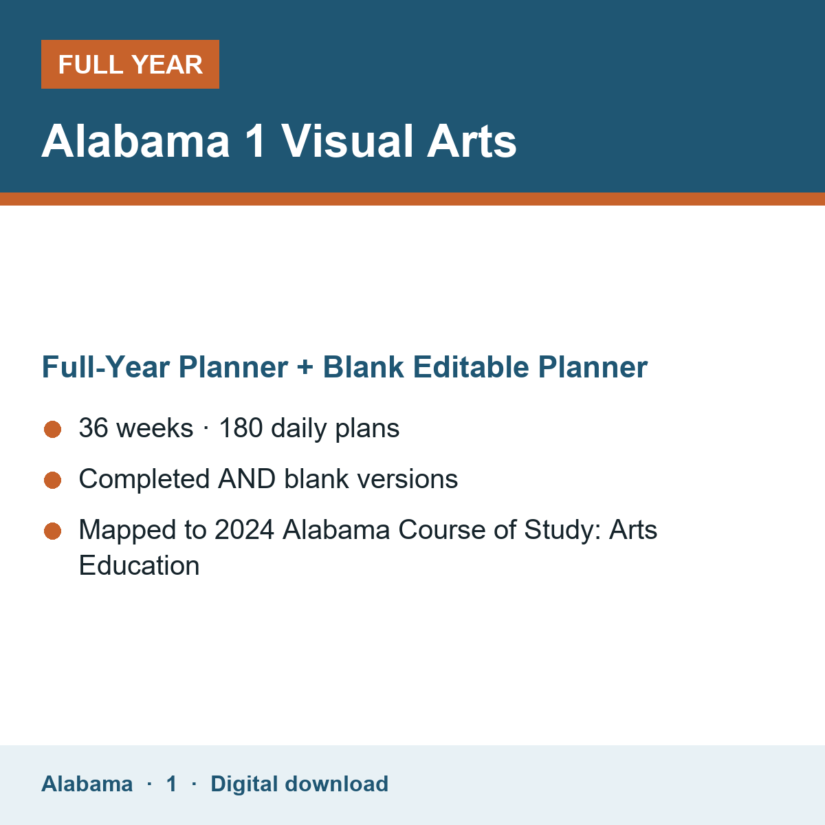 Cover of the Alabama Grade 1 Visual Arts full-year teacher planner