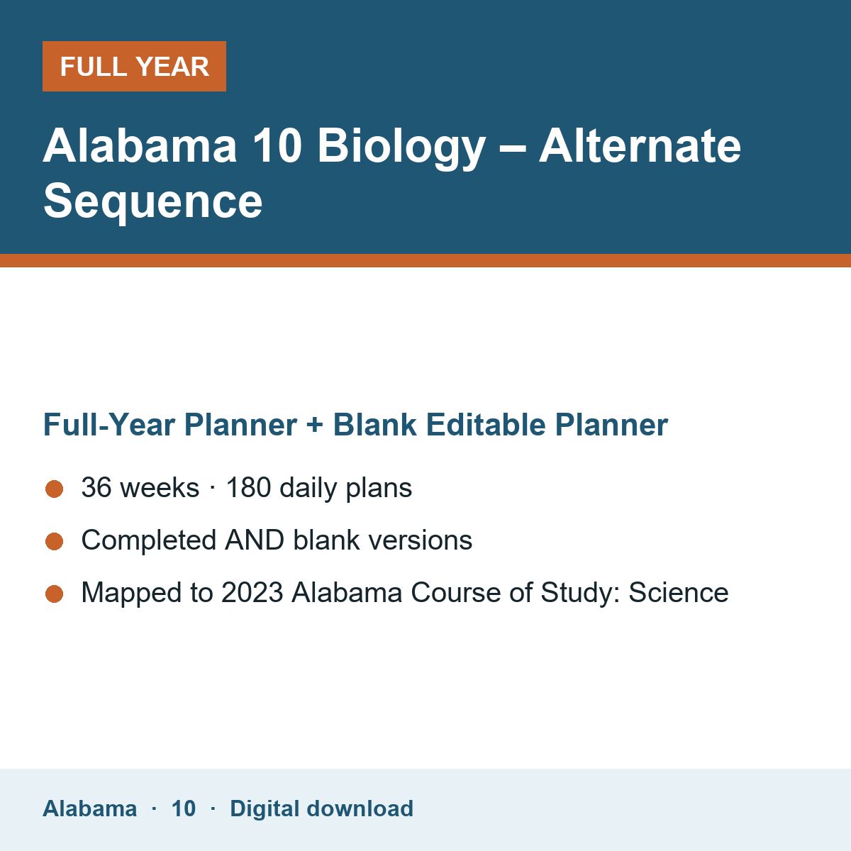 Cover of the Alabama Grade 10 Biology – Alternate Sequence full-year teacher planner