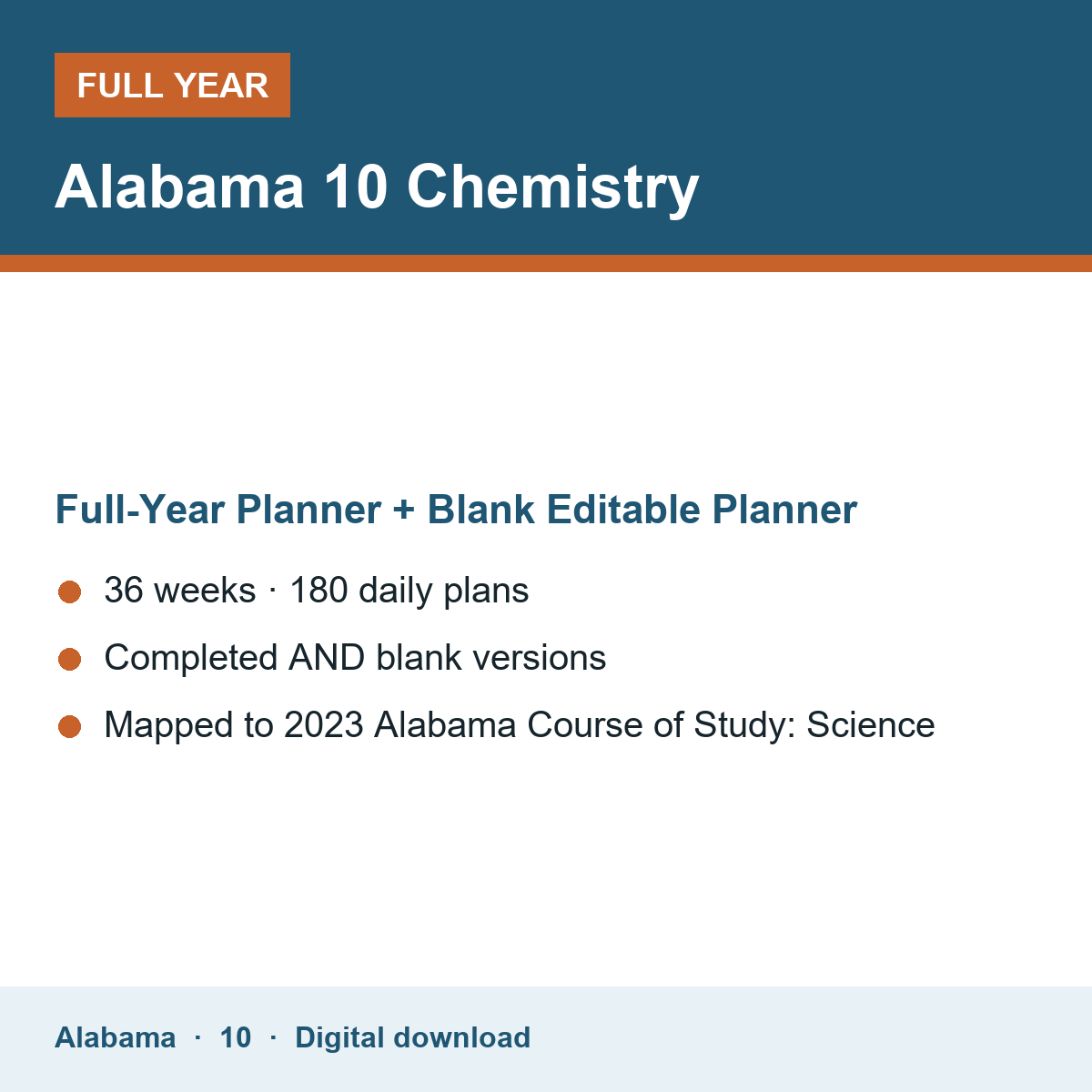 Cover of the Alabama Grade 10 Chemistry full-year teacher planner