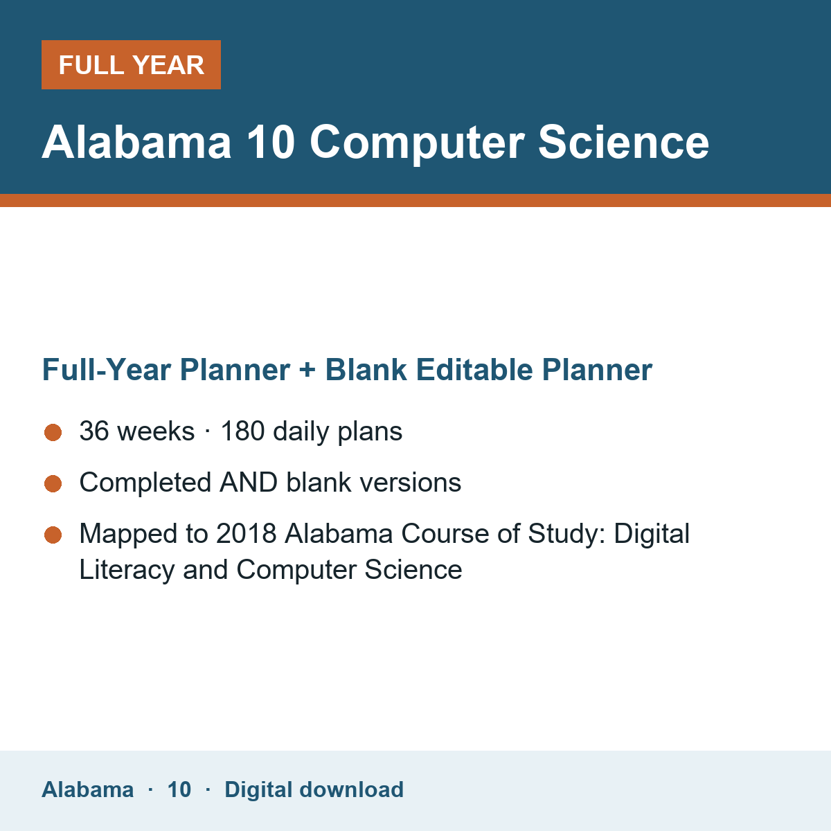 Cover of the Alabama Grade 10 Computer Science full-year teacher planner