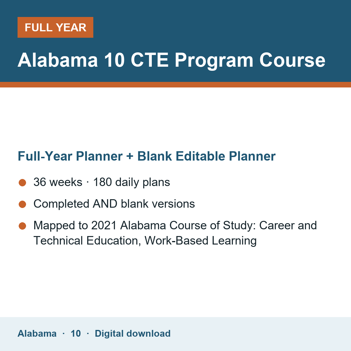 Cover of the Alabama Grade 10 CTE Program Course full-year teacher planner