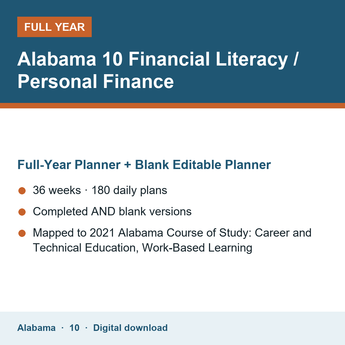 Cover of the Alabama Grade 10 Financial Literacy / Personal Finance full-year teacher planner