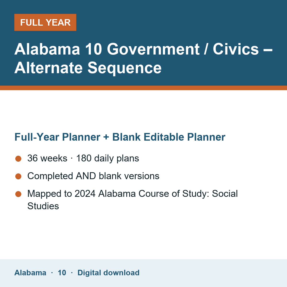 Cover of the Alabama Grade 10 Government / Civics – Alternate Sequence full-year teacher planner