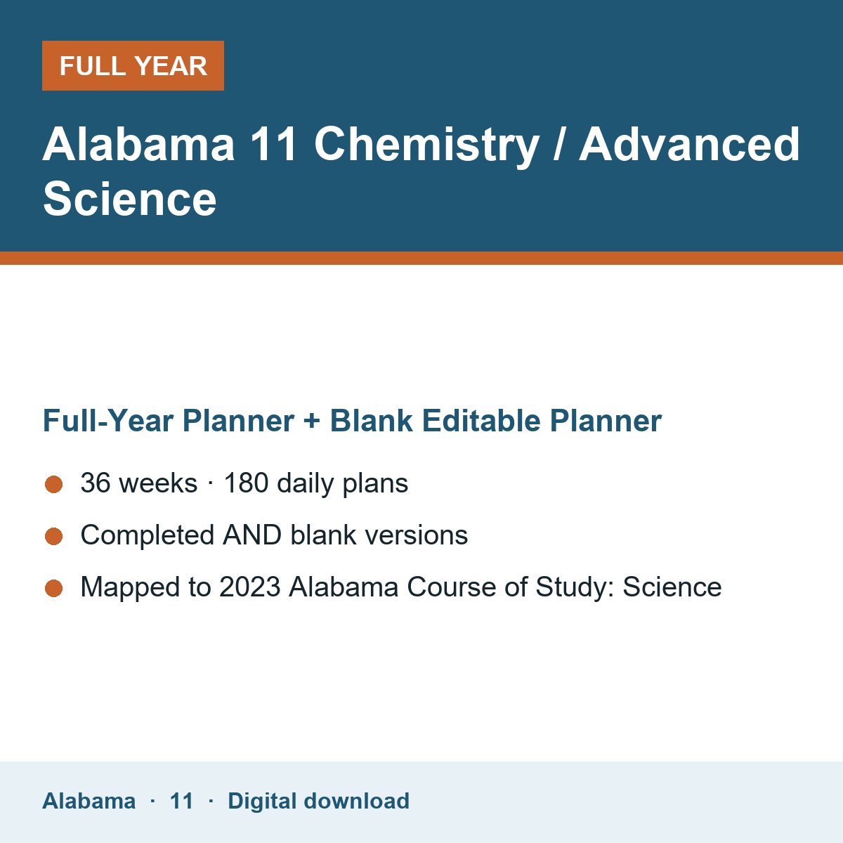Cover of the Alabama Grade 11 Chemistry / Advanced Science full-year teacher planner