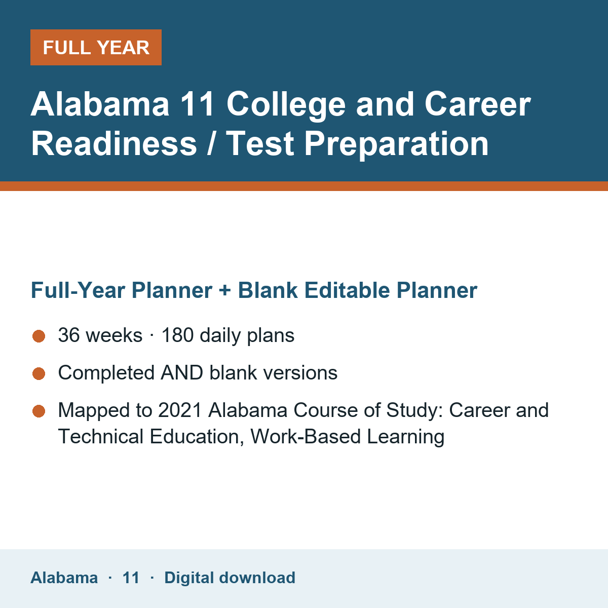 Cover of the Alabama Grade 11 College and Career Readiness / Test Preparation full-year teacher planner
