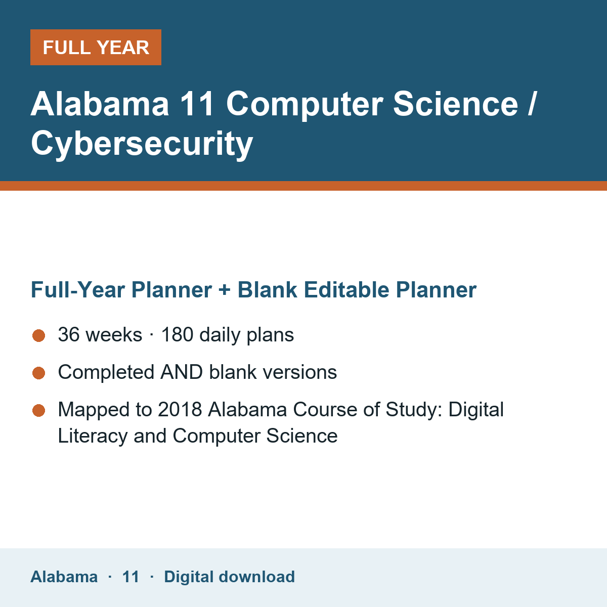 Cover of the Alabama Grade 11 Computer Science / Cybersecurity full-year teacher planner