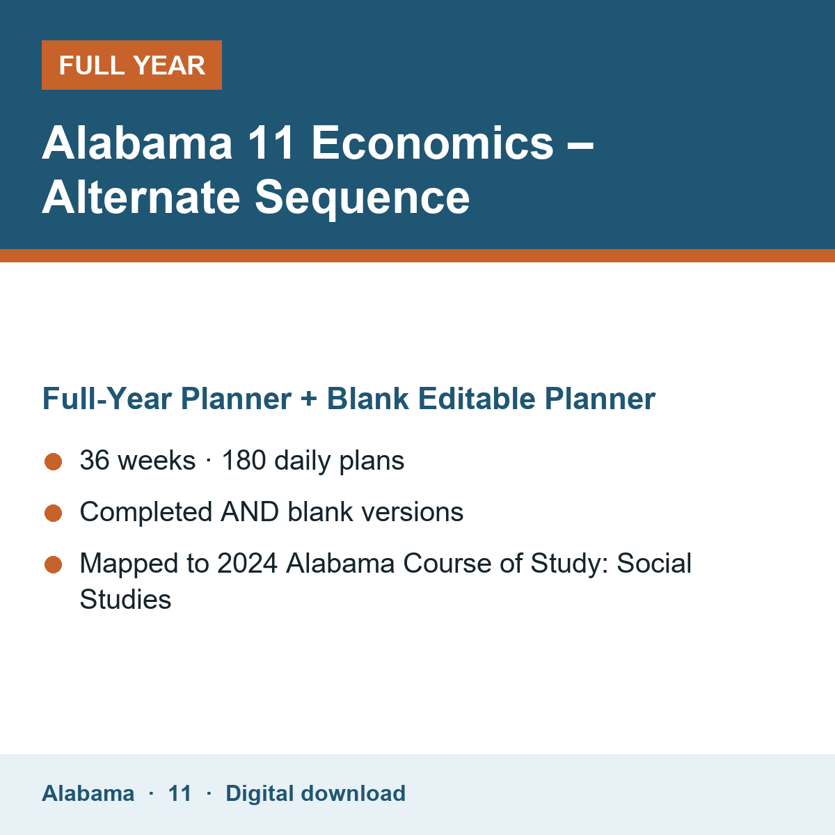 Cover of the Alabama Grade 11 Economics – Alternate Sequence full-year teacher planner