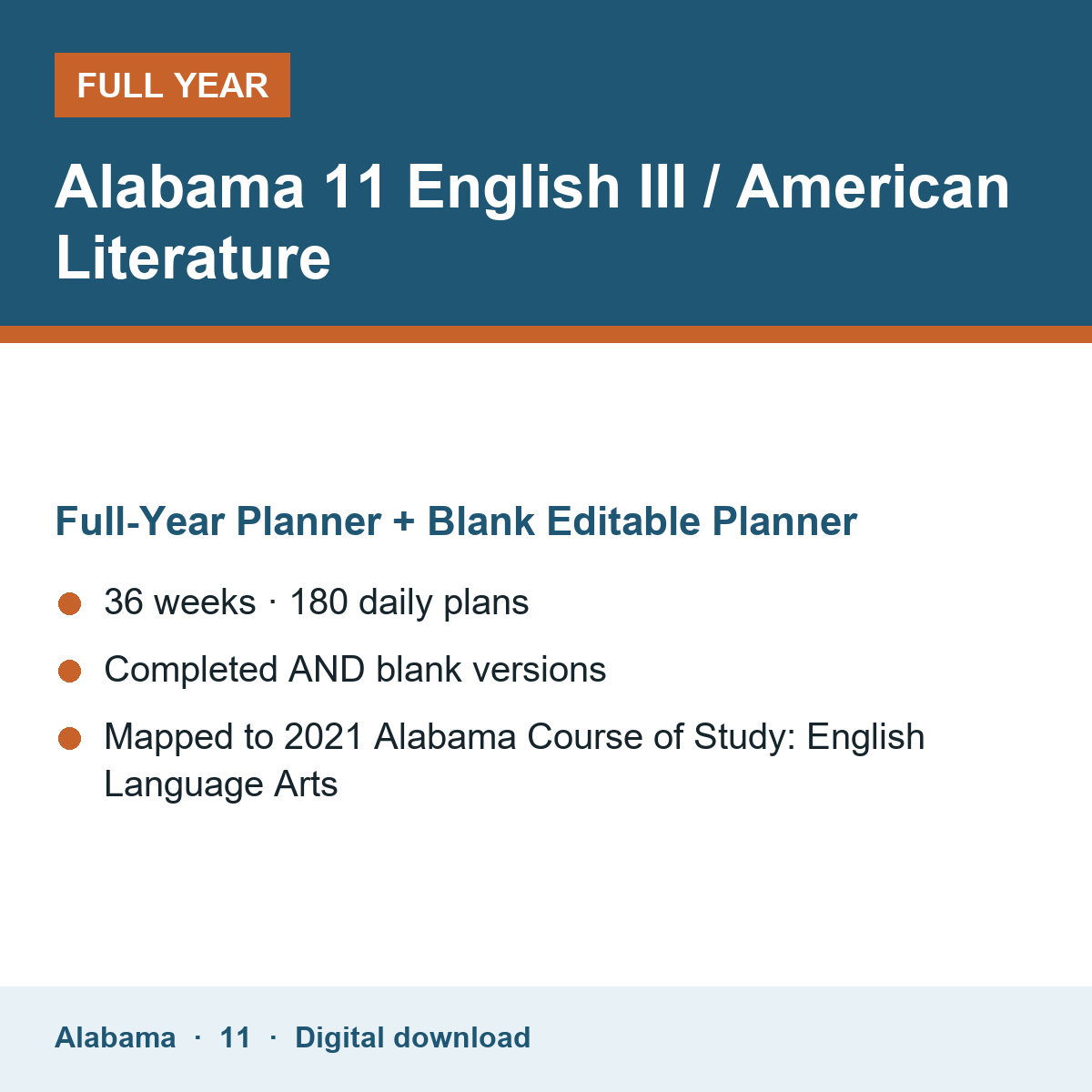 Cover of the Alabama Grade 11 English III / American Literature full-year teacher planner
