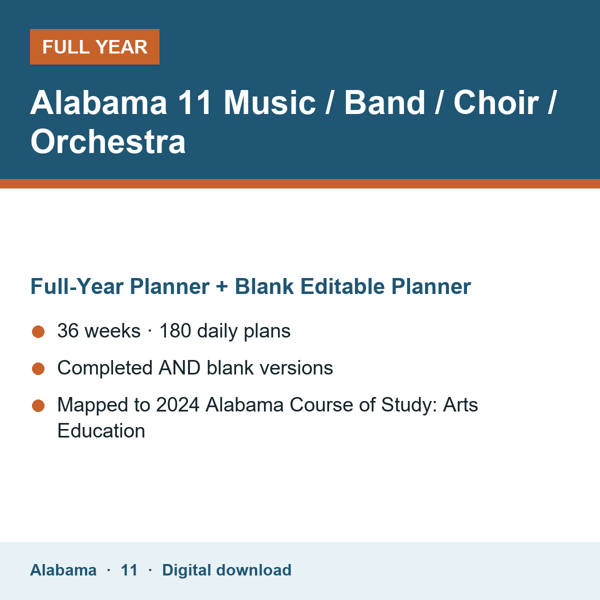 Cover of the Alabama Grade 11 Music / Band / Choir / Orchestra full-year teacher planner