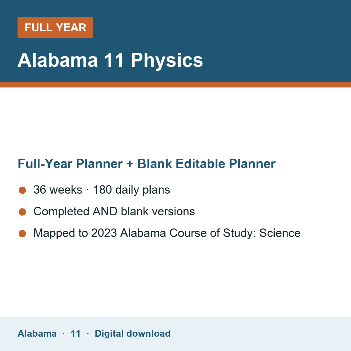 Cover of the Alabama Grade 11 Physics full-year teacher planner