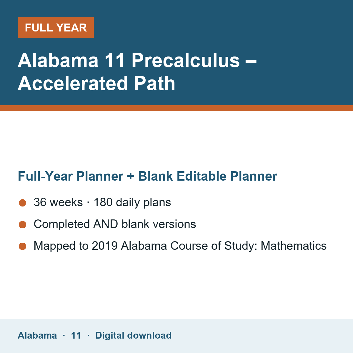 Cover of the Alabama Grade 11 Precalculus – Accelerated Path full-year teacher planner