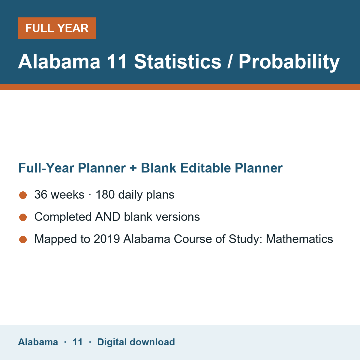 Cover of the Alabama Grade 11 Statistics / Probability full-year teacher planner