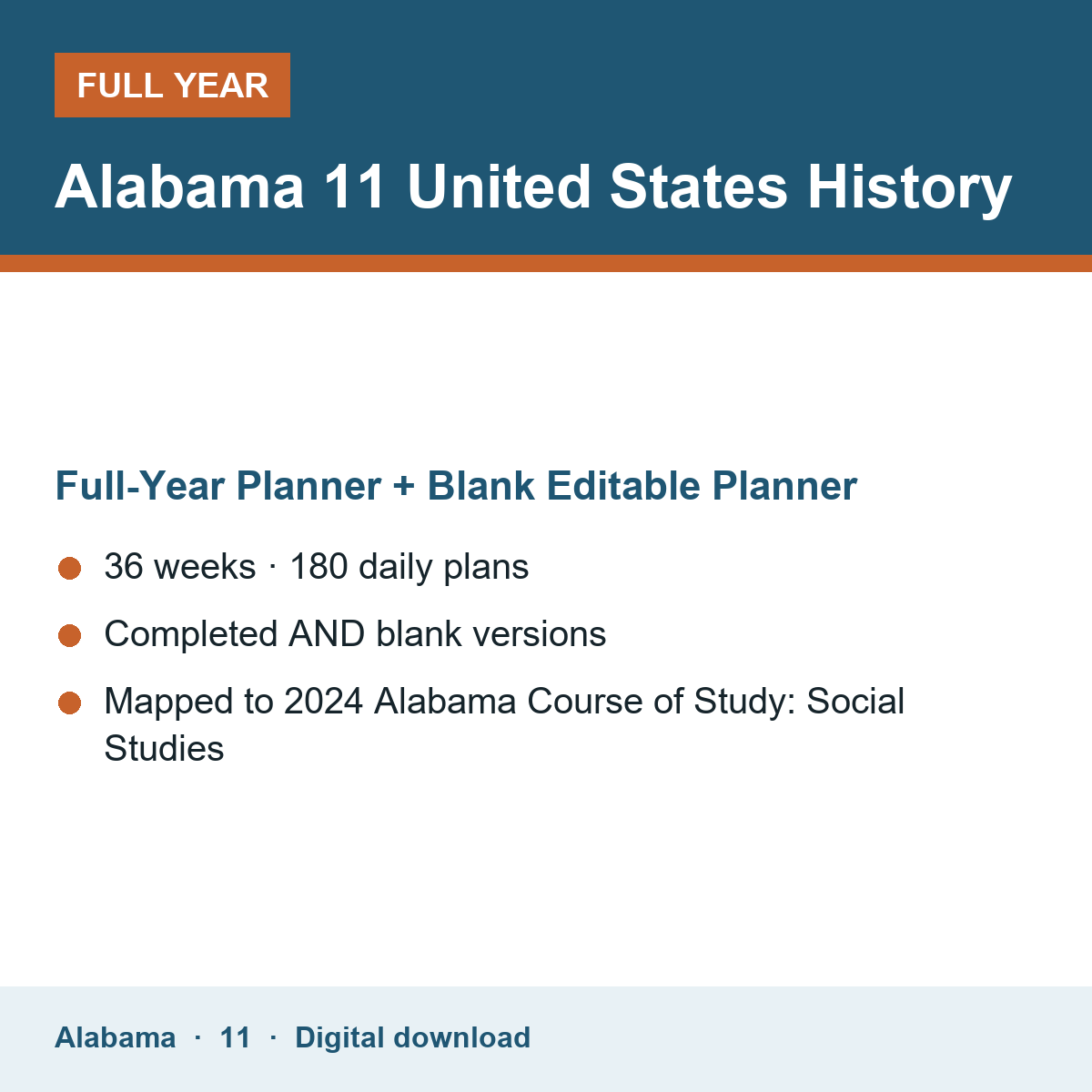 Cover of the Alabama Grade 11 United States History full-year teacher planner