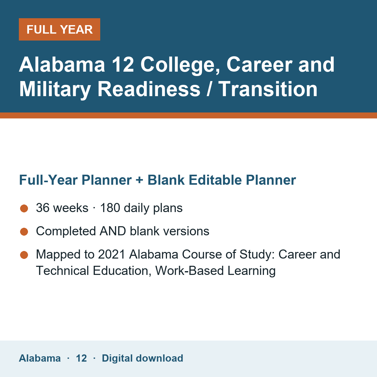 Cover of the Alabama Grade 12 College, Career and Military Readiness / Transition full-year teacher planner