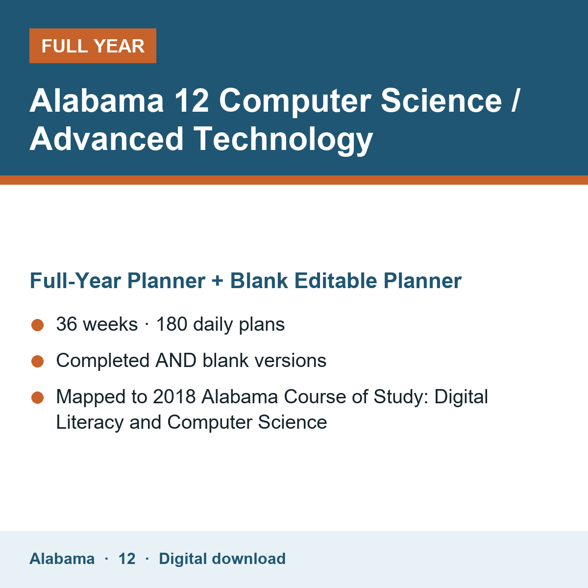 Cover of the Alabama Grade 12 Computer Science / Advanced Technology full-year teacher planner