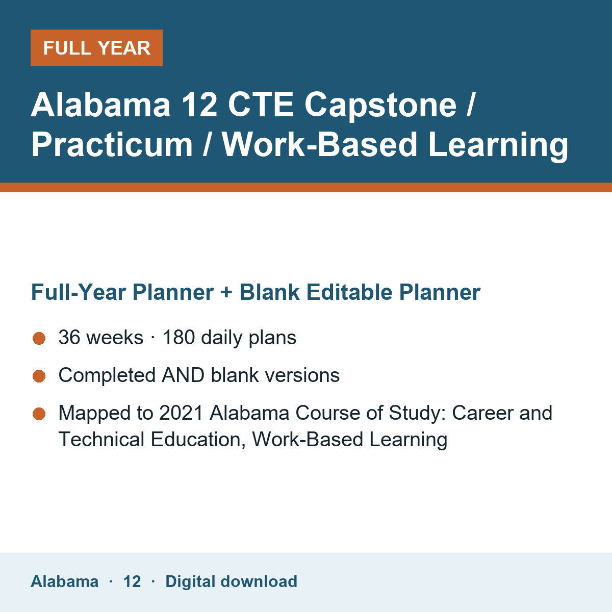 Cover of the Alabama Grade 12 CTE Capstone / Practicum / Work-Based Learning full-year teacher planner