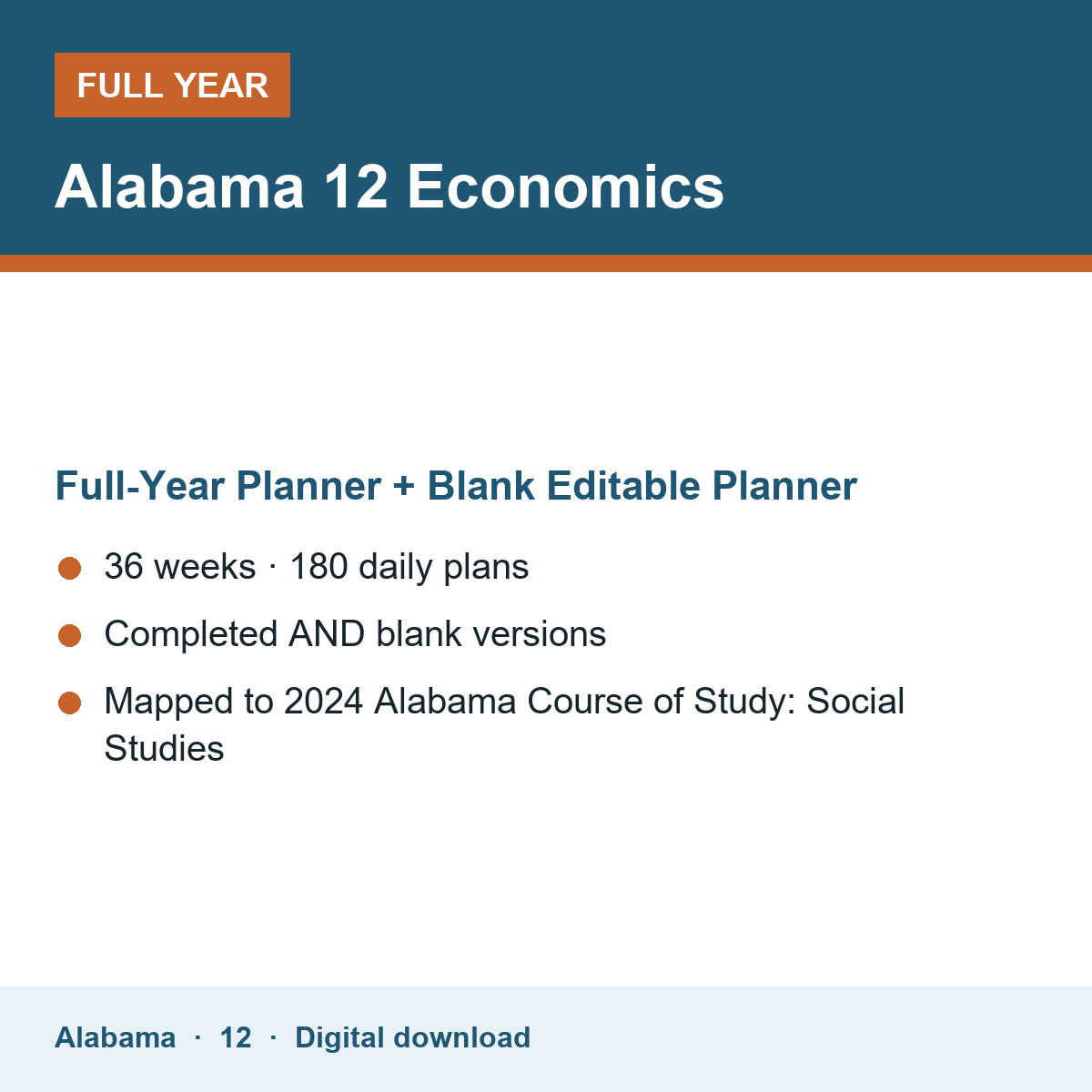Cover of the Alabama Grade 12 Economics full-year teacher planner