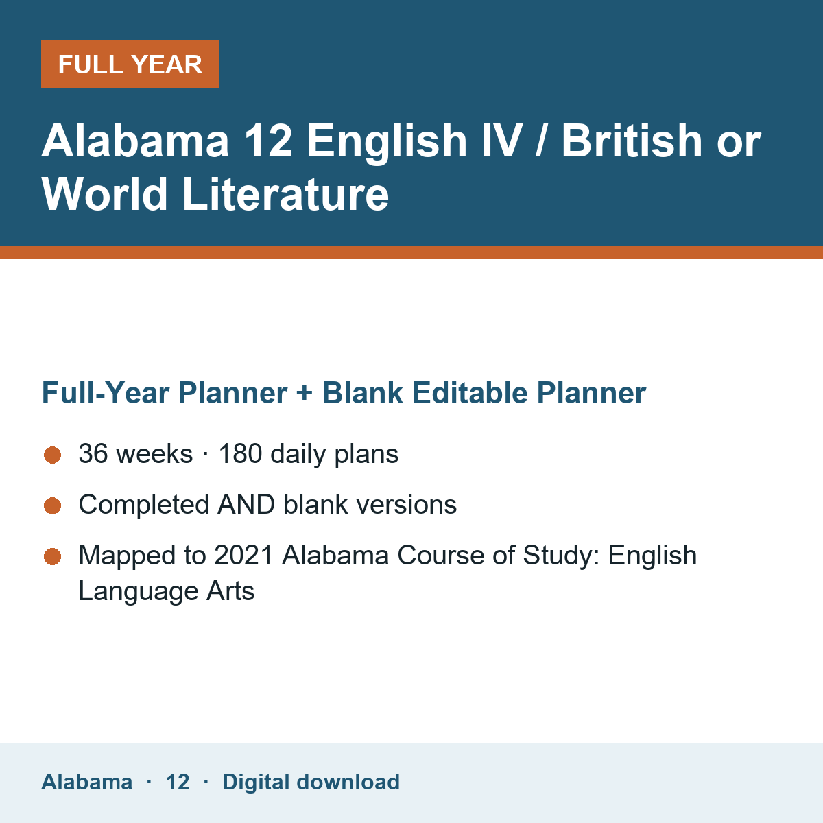 Cover of the Alabama Grade 12 English IV / British or World Literature full-year teacher planner