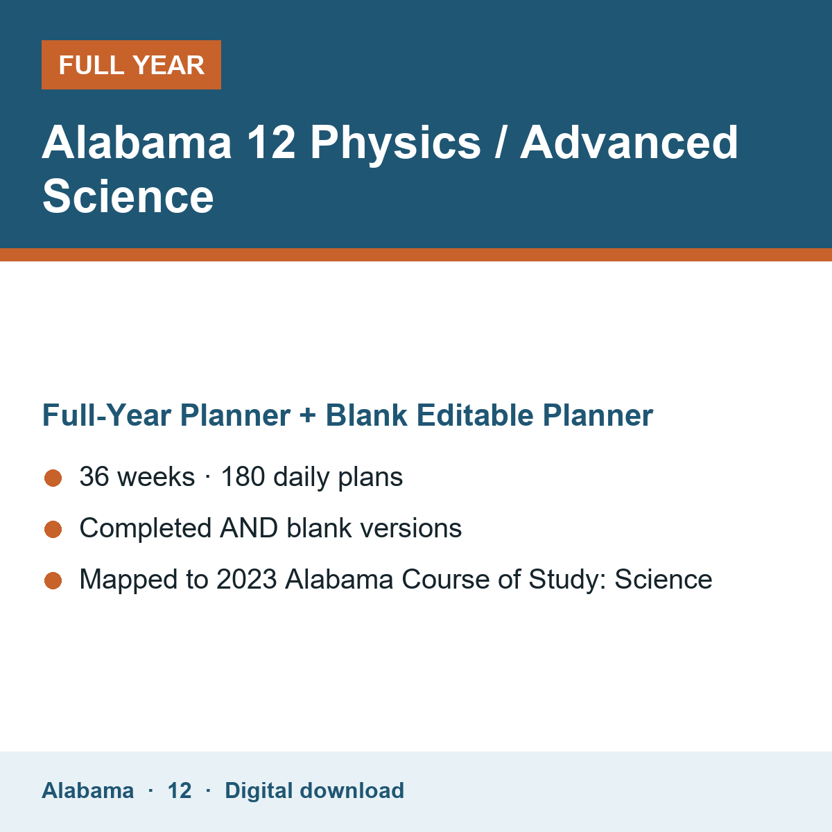 Cover of the Alabama Grade 12 Physics / Advanced Science full-year teacher planner