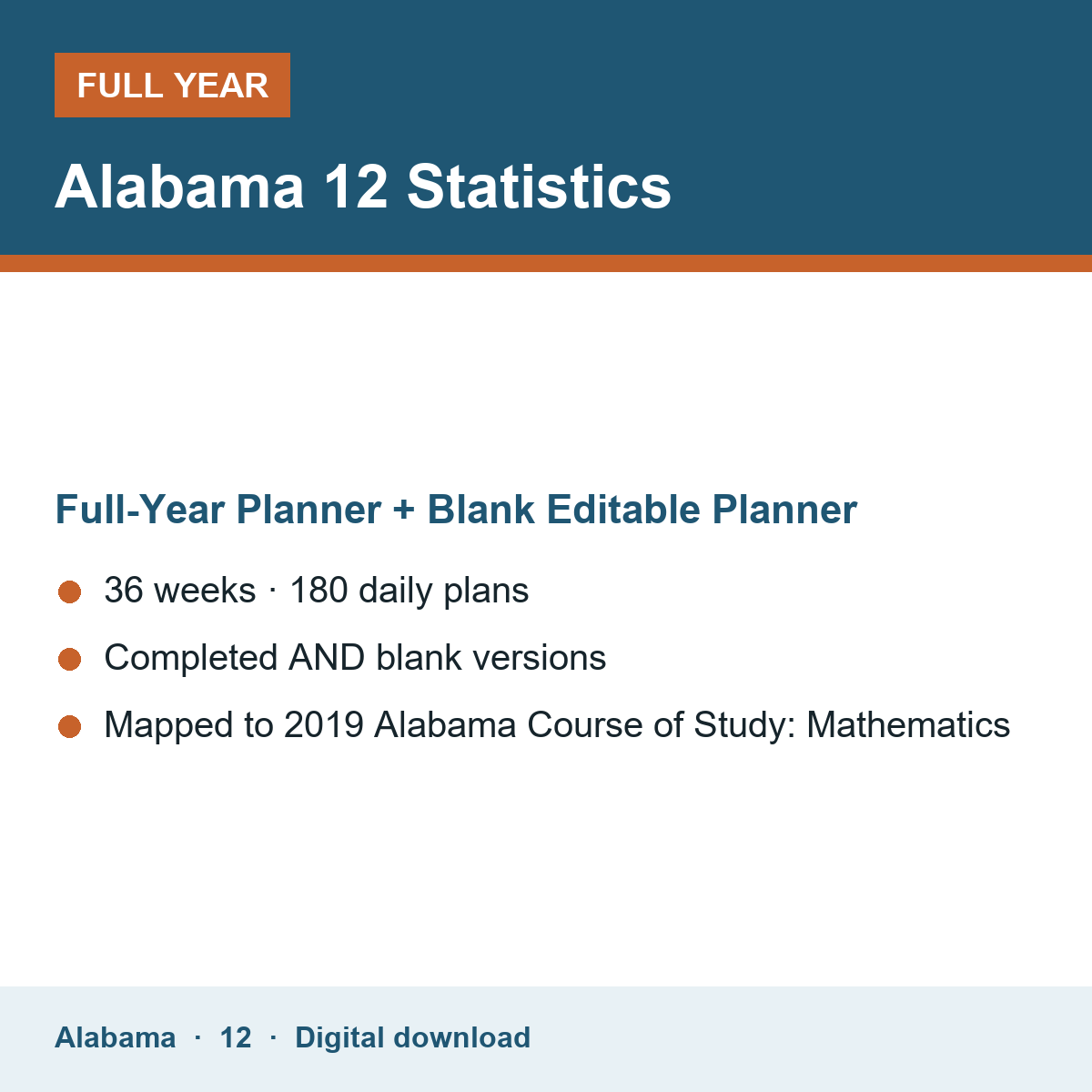 Cover of the Alabama Grade 12 Statistics full-year teacher planner