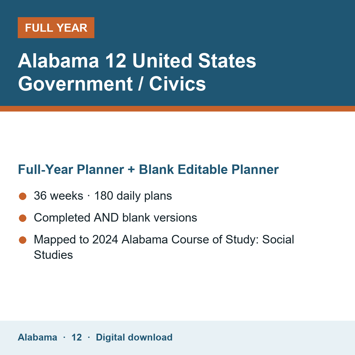 Cover of the Alabama Grade 12 United States Government / Civics full-year teacher planner