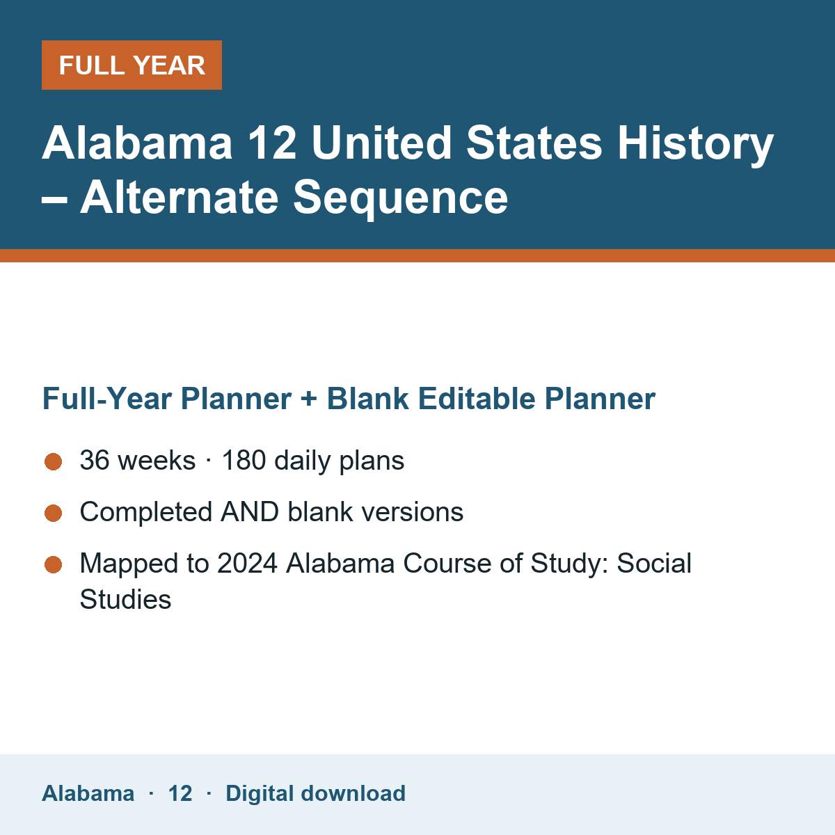 Cover of the Alabama Grade 12 United States History – Alternate Sequence full-year teacher planner