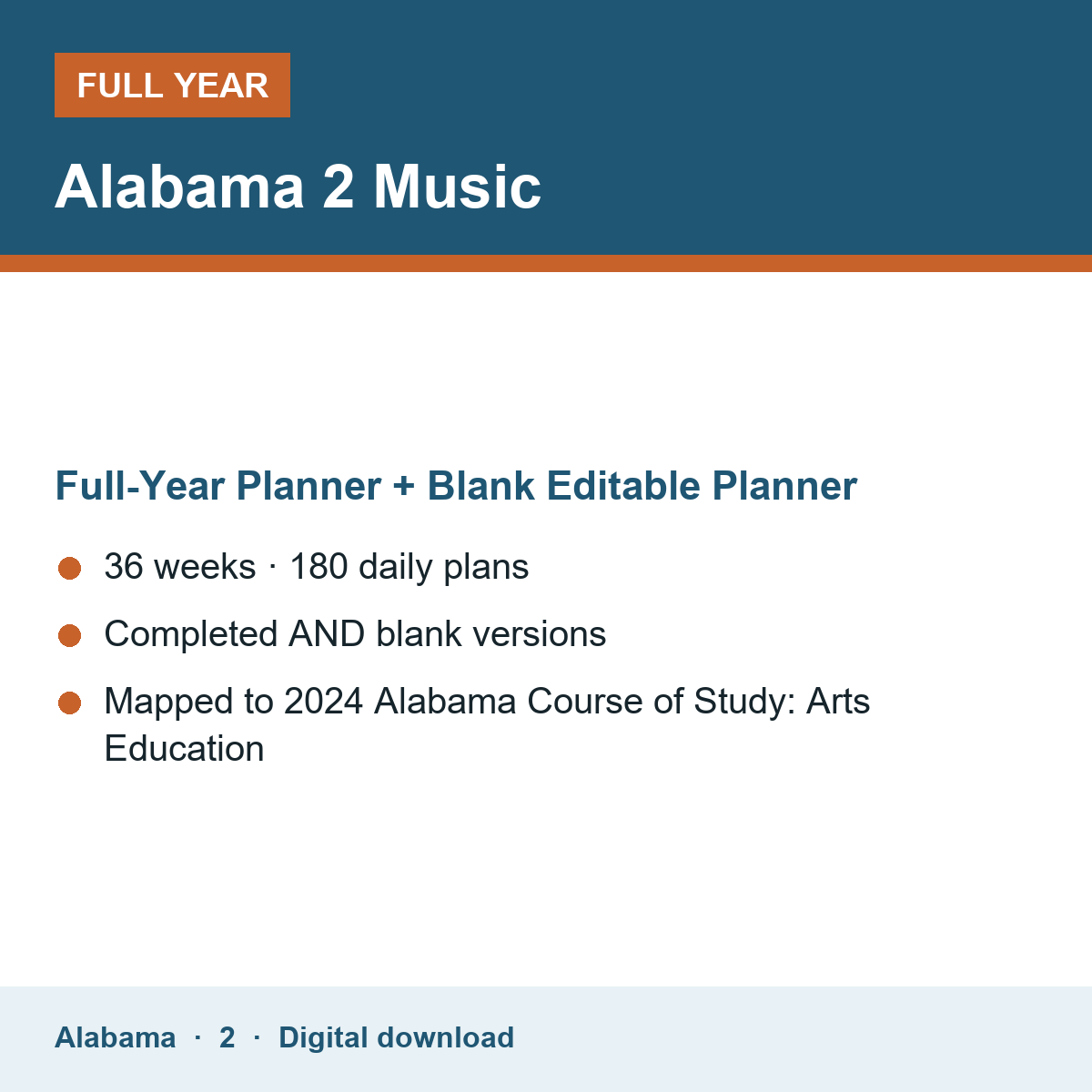 Cover of the Alabama Grade 2 Music full-year teacher planner