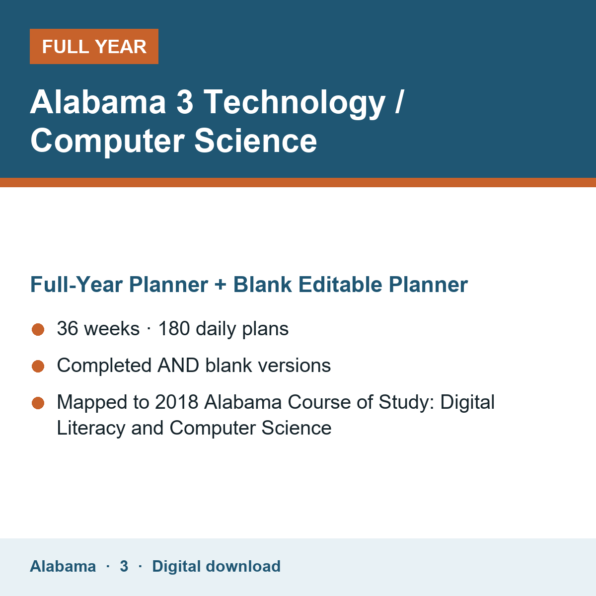 Cover of the Alabama Grade 3 Technology / Computer Science full-year teacher planner