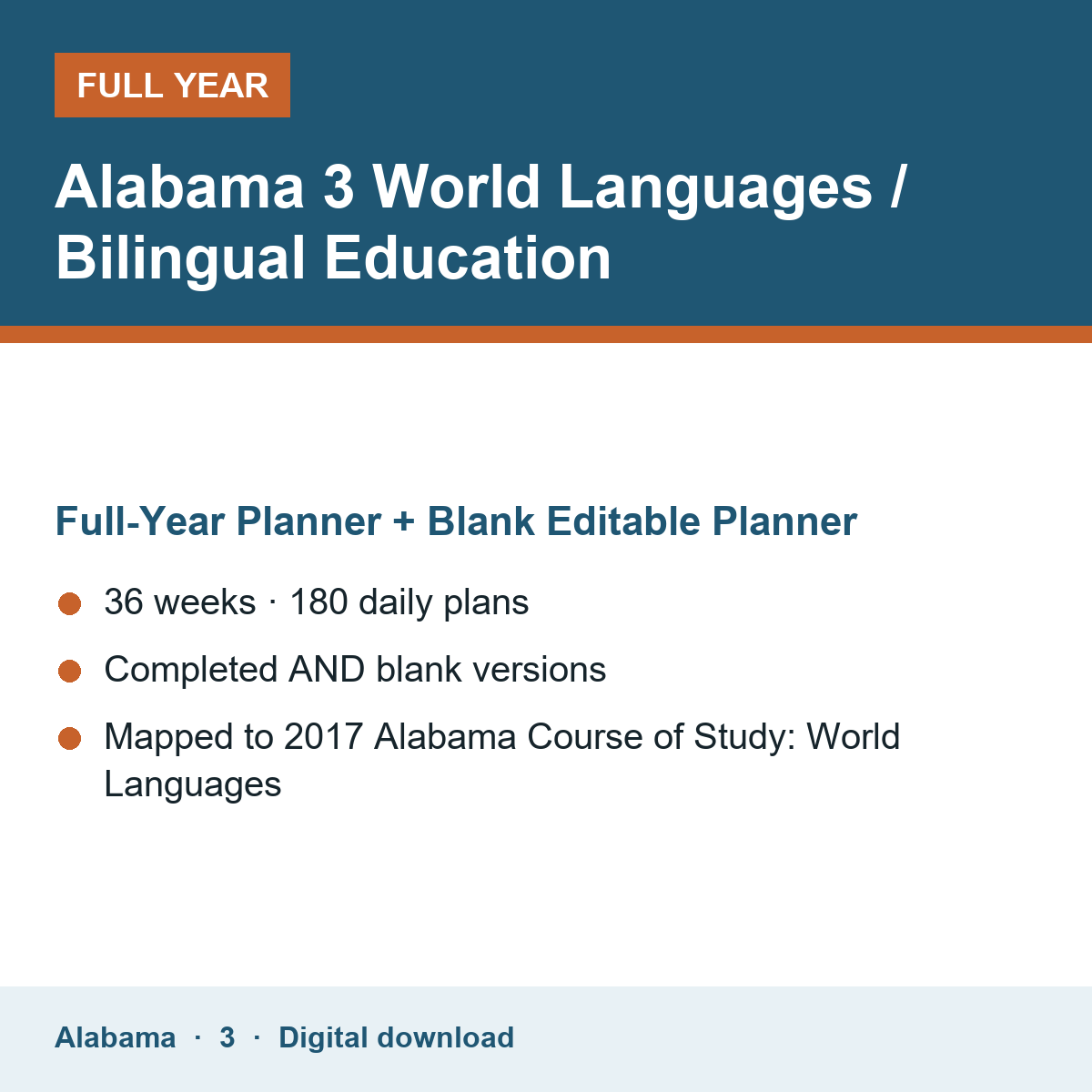 Cover of the Alabama Grade 3 World Languages / Bilingual Education full-year teacher planner