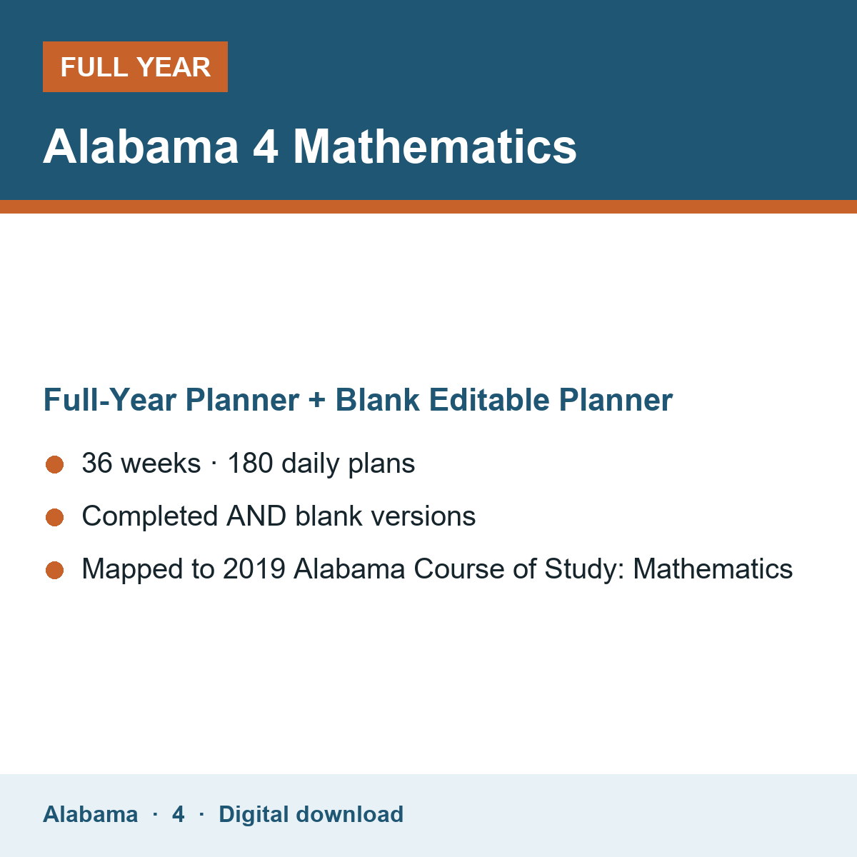 Cover of the Alabama Grade 4 Mathematics full-year teacher planner