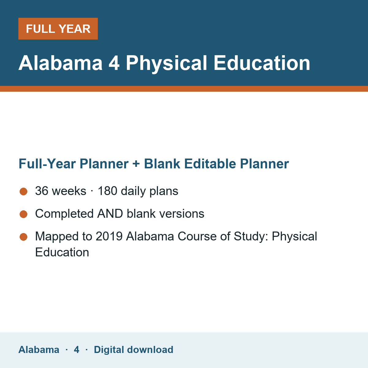 Cover of the Alabama Grade 4 Physical Education full-year teacher planner