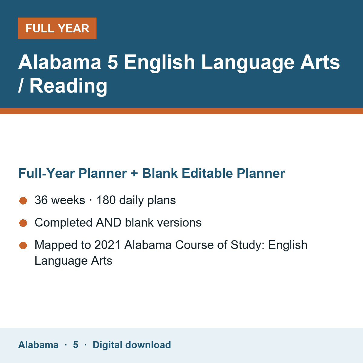 Cover of the Alabama Grade 5 English Language Arts / Reading full-year teacher planner
