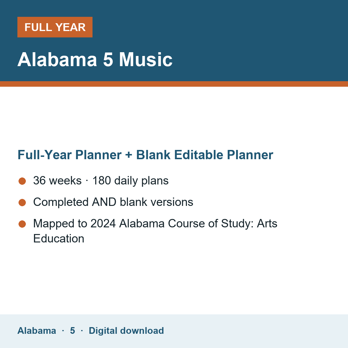 Cover of the Alabama Grade 5 Music full-year teacher planner