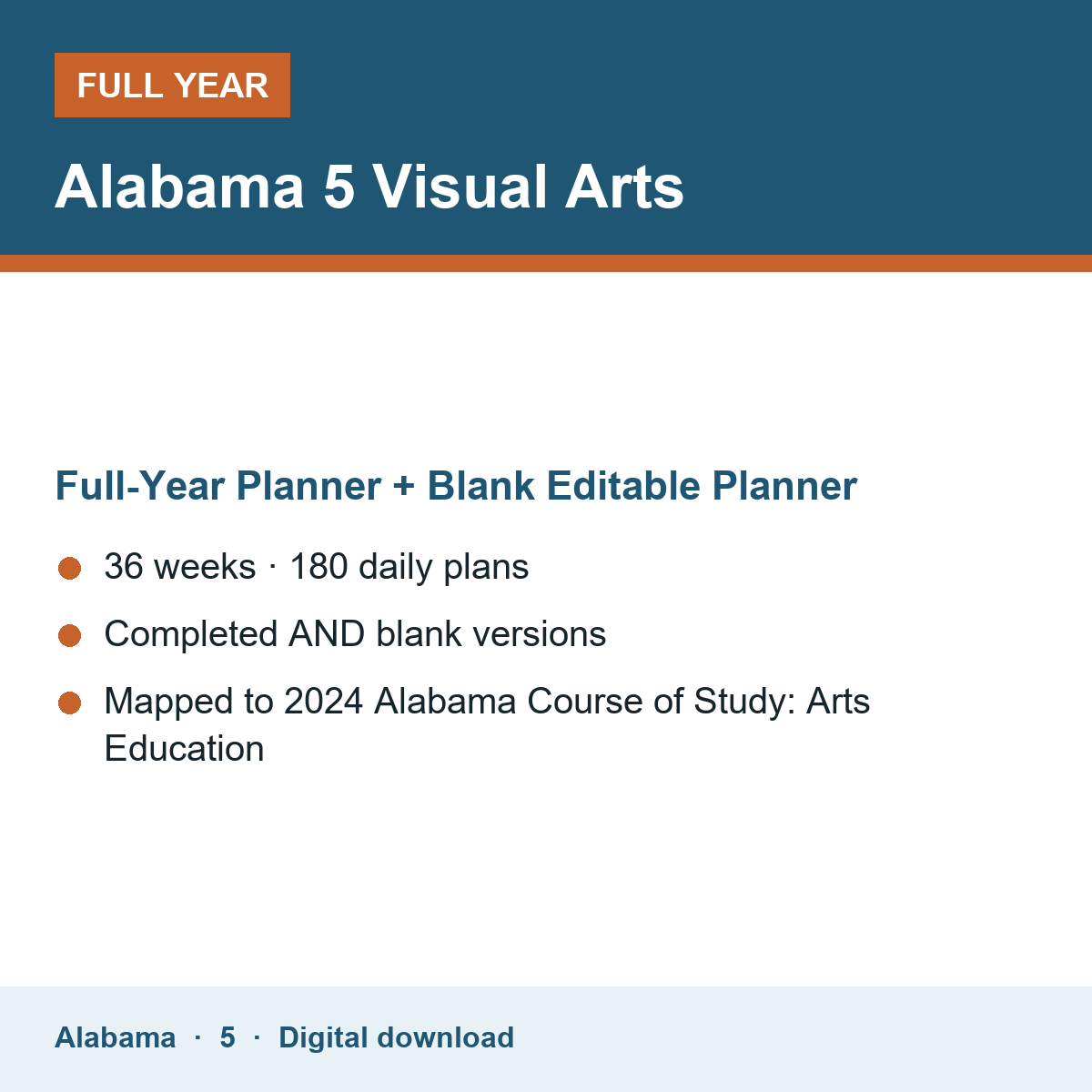 Cover of the Alabama Grade 5 Visual Arts full-year teacher planner