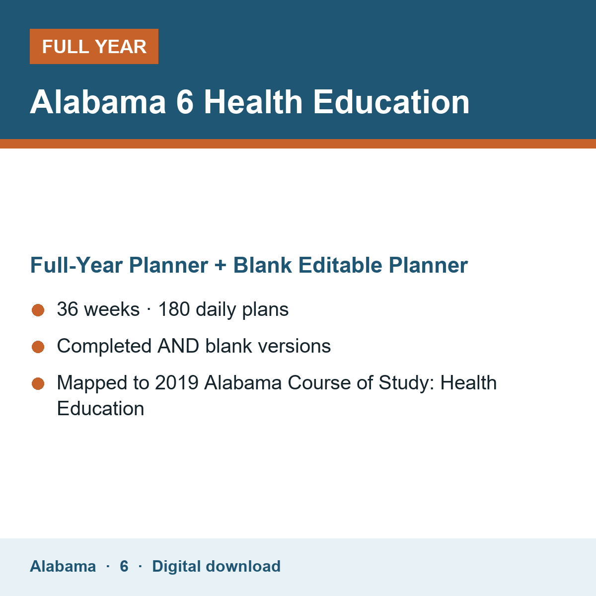 Cover of the Alabama Grade 6 Health Education full-year teacher planner
