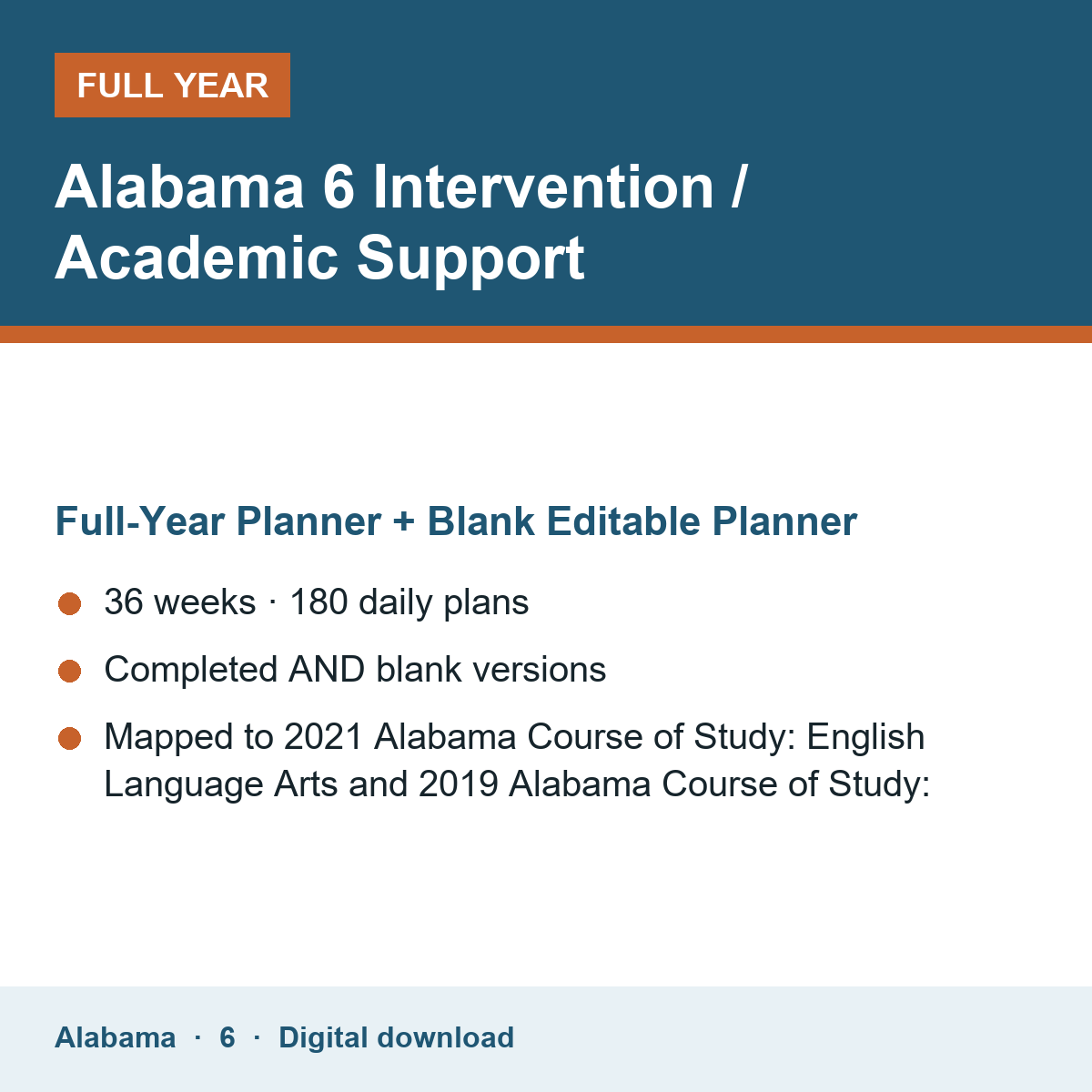 Cover of the Alabama Grade 6 Intervention / Academic Support full-year teacher planner