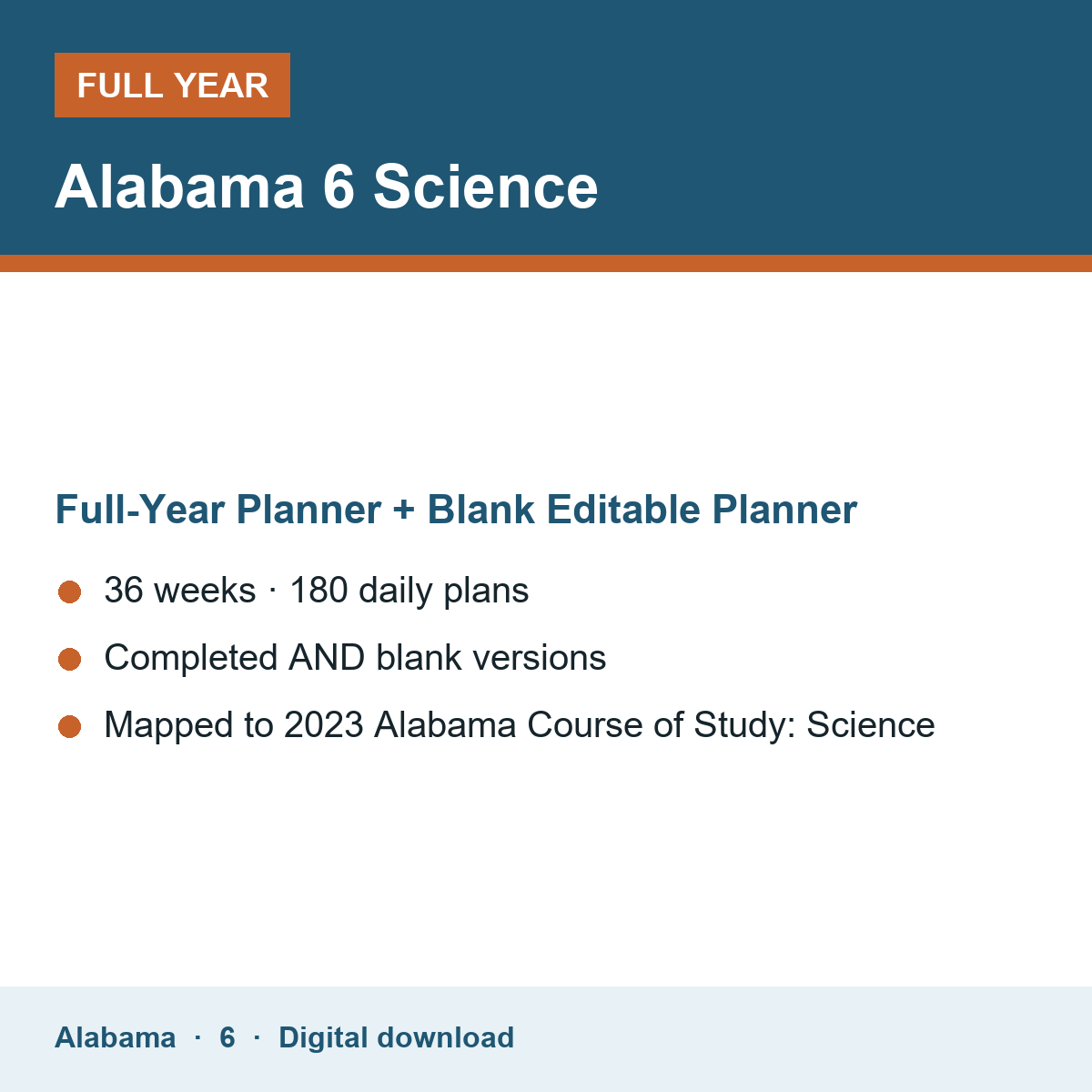 Cover of the Alabama Grade 6 Science full-year teacher planner