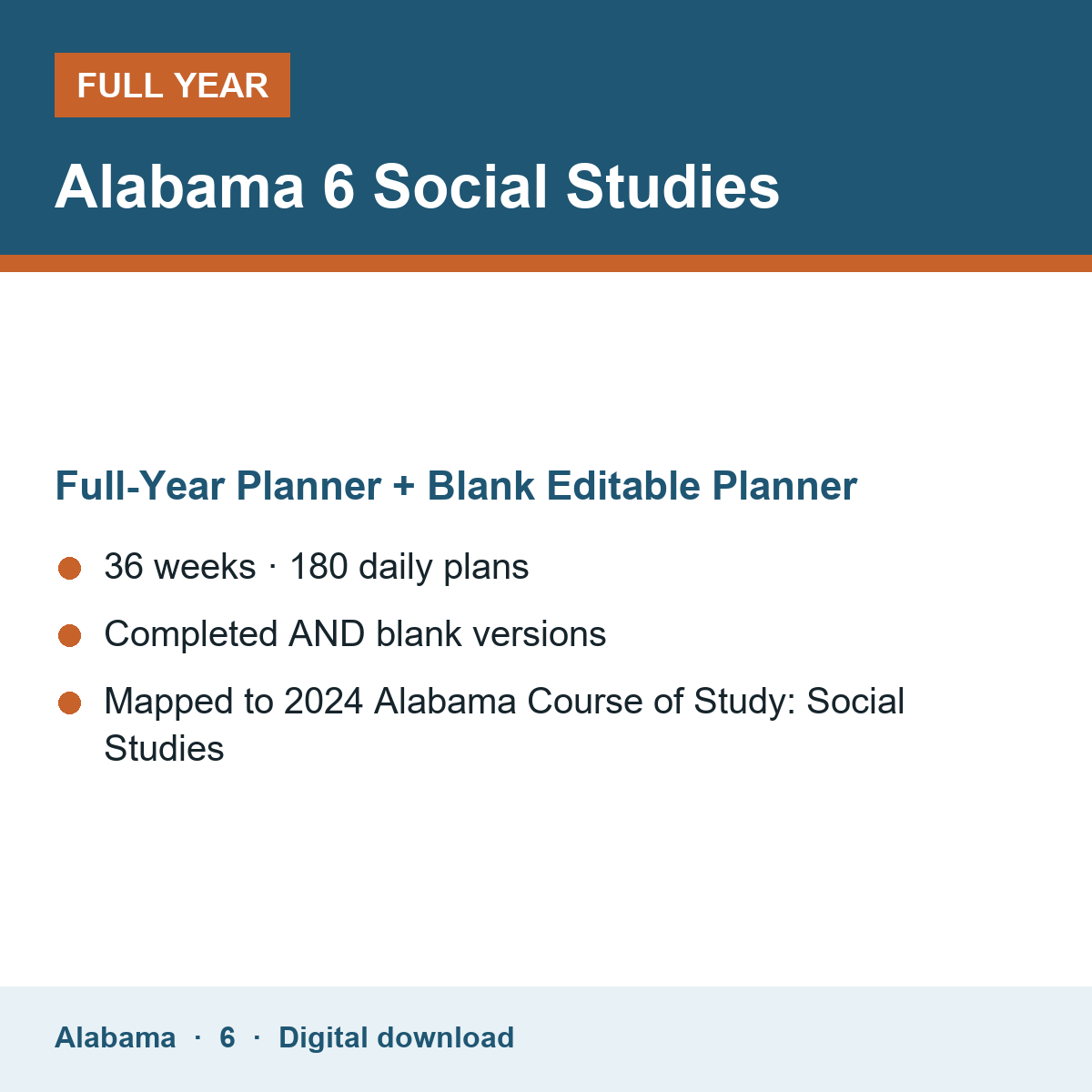 Cover of the Alabama Grade 6 Social Studies full-year teacher planner