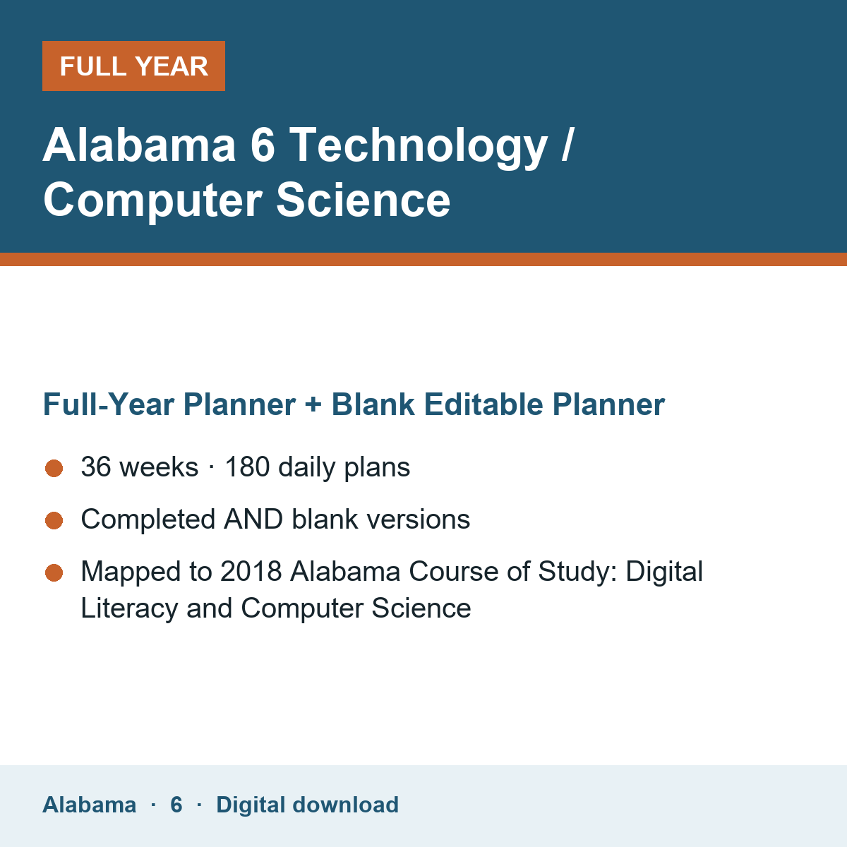 Cover of the Alabama Grade 6 Technology / Computer Science full-year teacher planner