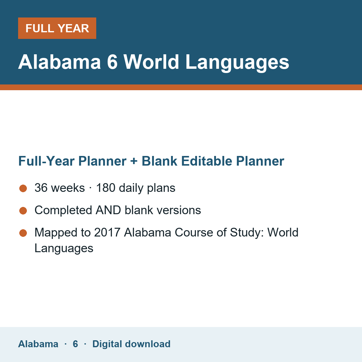 Cover of the Alabama Grade 6 World Languages full-year teacher planner