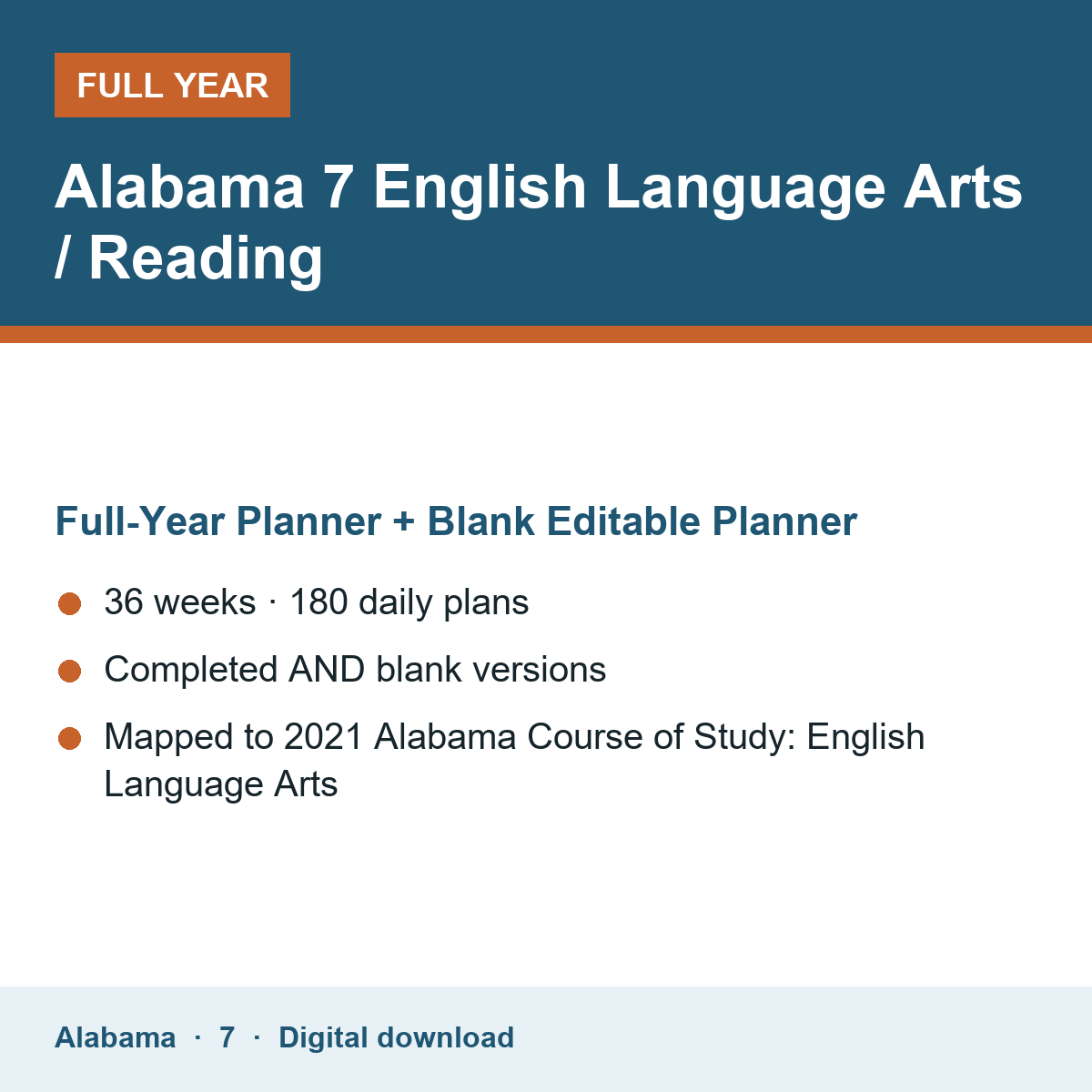 Cover of the Alabama Grade 7 English Language Arts / Reading full-year teacher planner