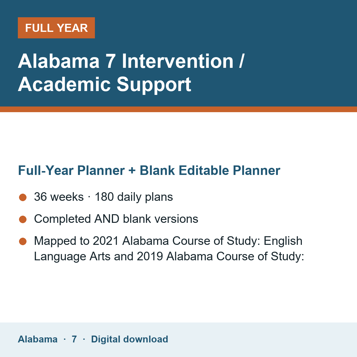 Cover of the Alabama Grade 7 Intervention / Academic Support full-year teacher planner