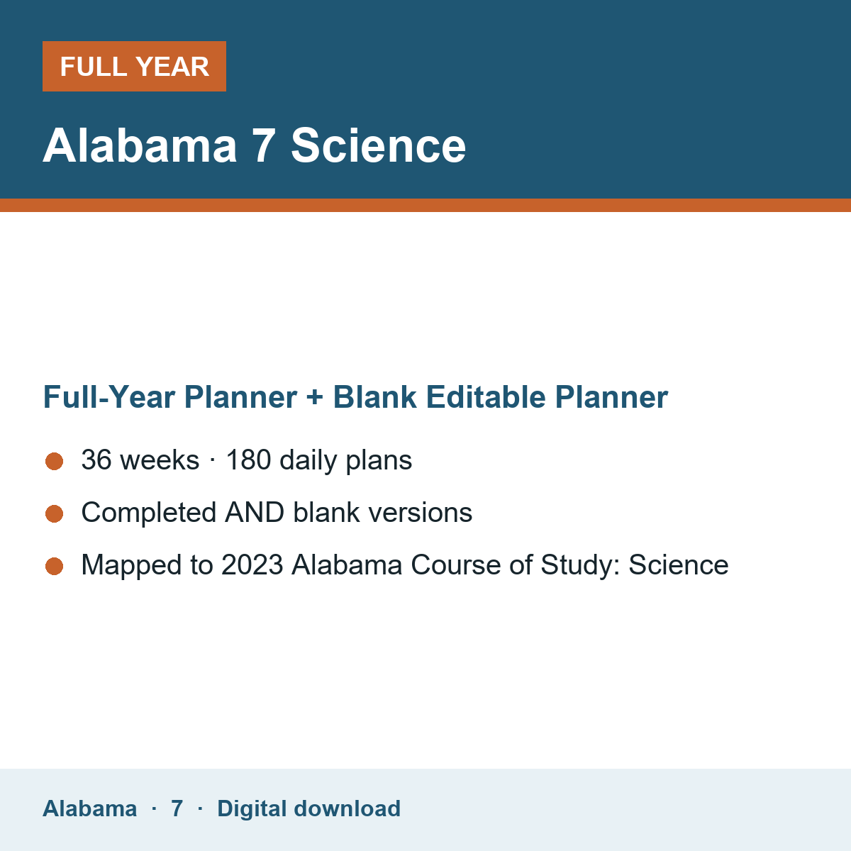 Cover of the Alabama Grade 7 Science full-year teacher planner