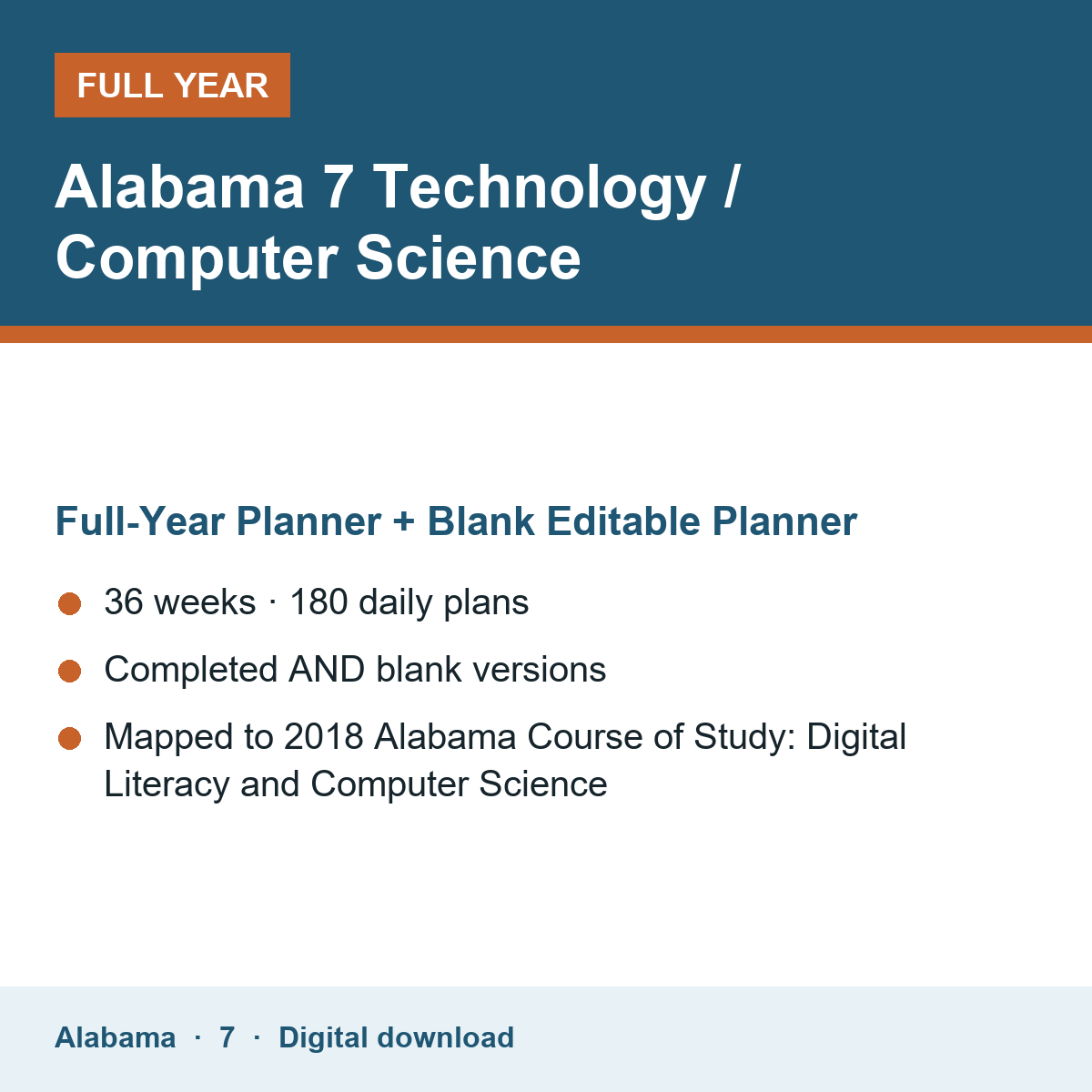 Cover of the Alabama Grade 7 Technology / Computer Science full-year teacher planner
