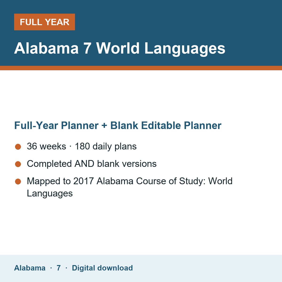 Cover of the Alabama Grade 7 World Languages full-year teacher planner