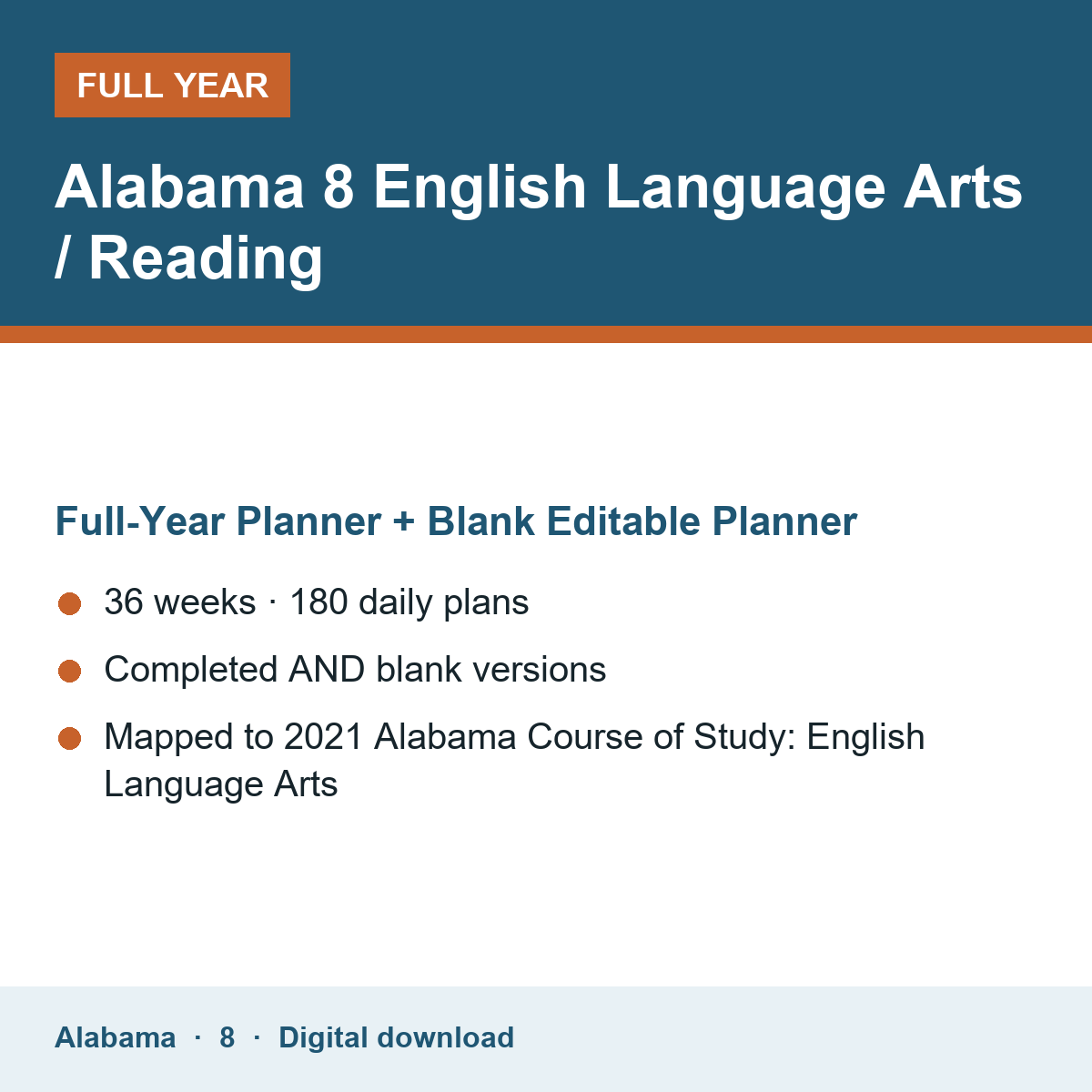 Cover of the Alabama Grade 8 English Language Arts / Reading full-year teacher planner